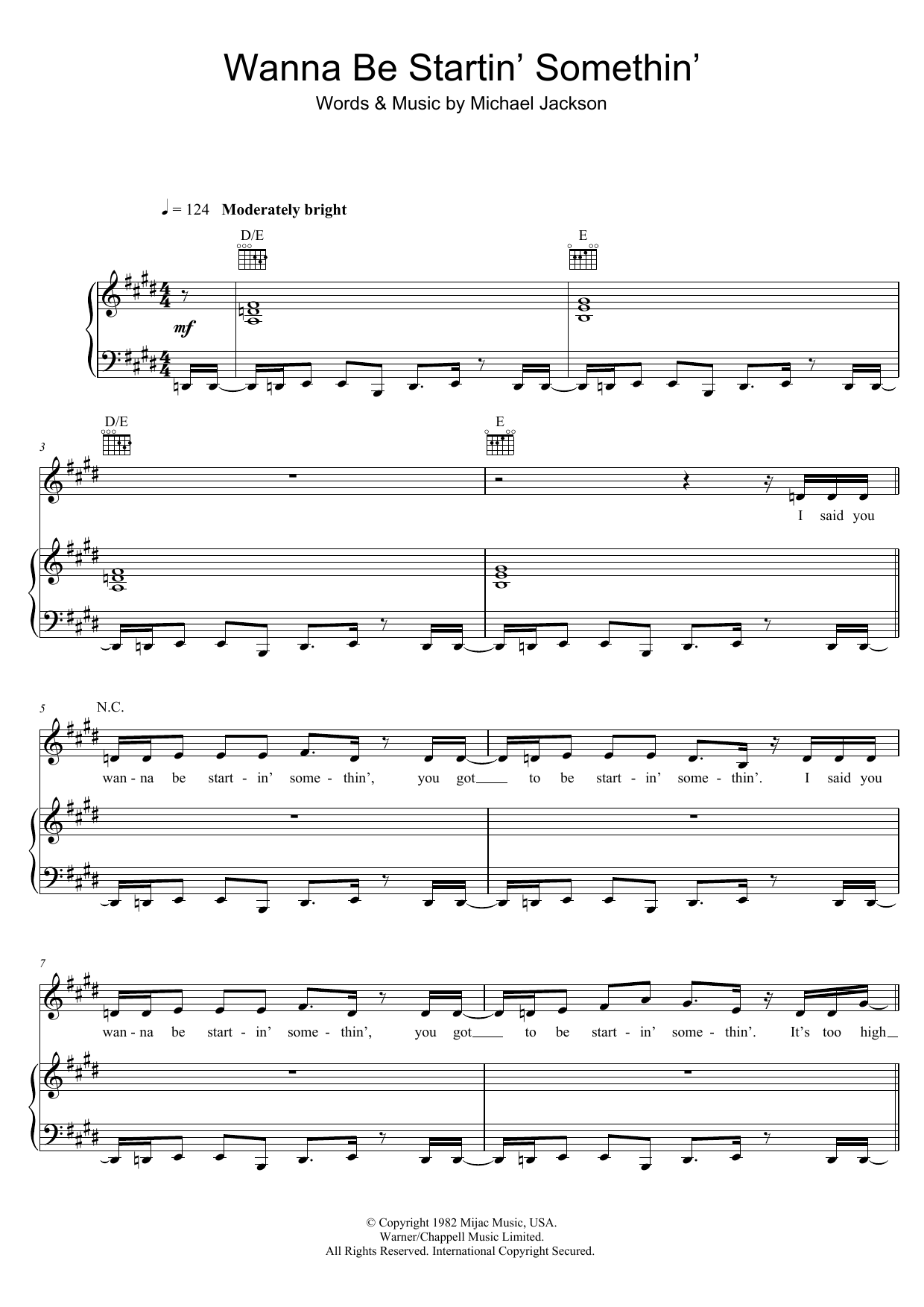Michael Jackson Wanna Be Startin' Somethin' Sheet Music Notes & Chords for Piano, Vocal & Guitar (Right-Hand Melody) - Download or Print PDF