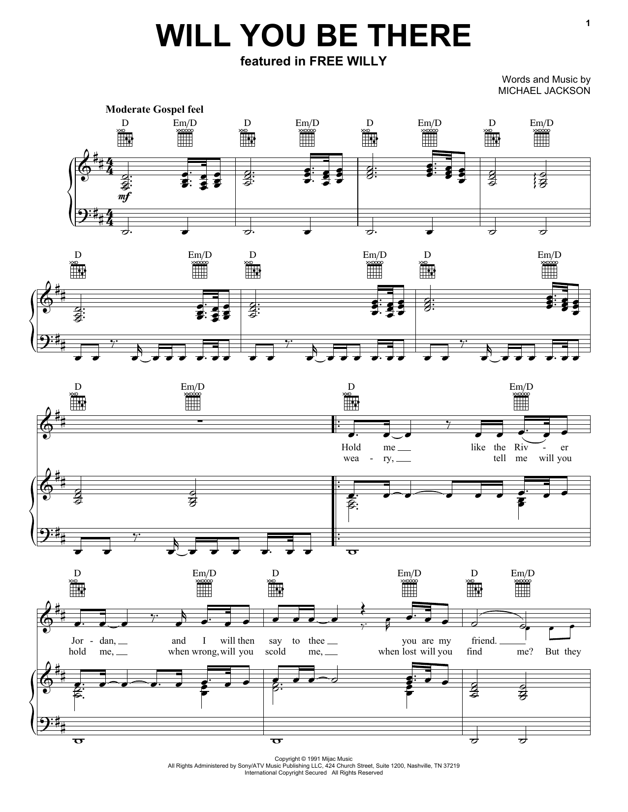 Michael Jackson Will You Be There (Theme from Free Willy) Sheet Music Notes & Chords for Piano, Vocal & Guitar (Right-Hand Melody) - Download or Print PDF