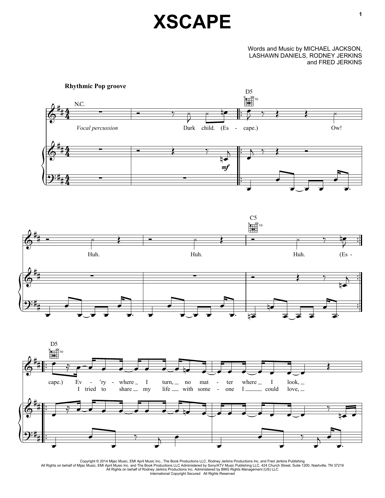 Michael Jackson Xscape Sheet Music Notes & Chords for Piano, Vocal & Guitar (Right-Hand Melody) - Download or Print PDF