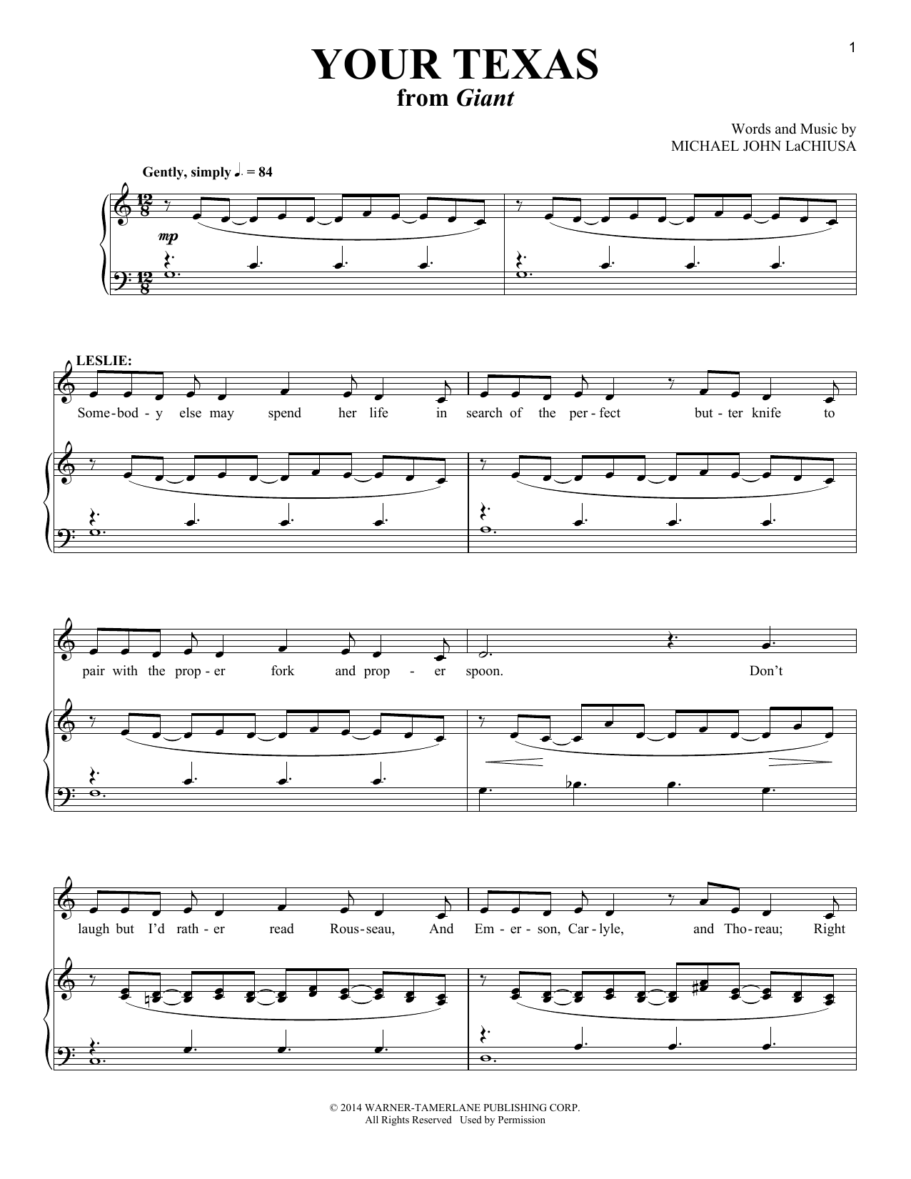 Michael John LaChiusa Your Texas Sheet Music Notes & Chords for Piano & Vocal - Download or Print PDF