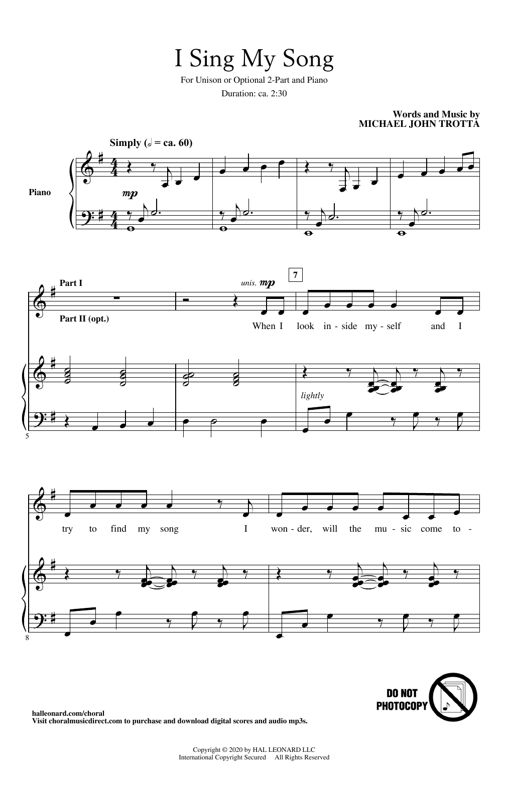 Michael John Trotta I Sing My Song Sheet Music Notes & Chords for 2-Part Choir - Download or Print PDF