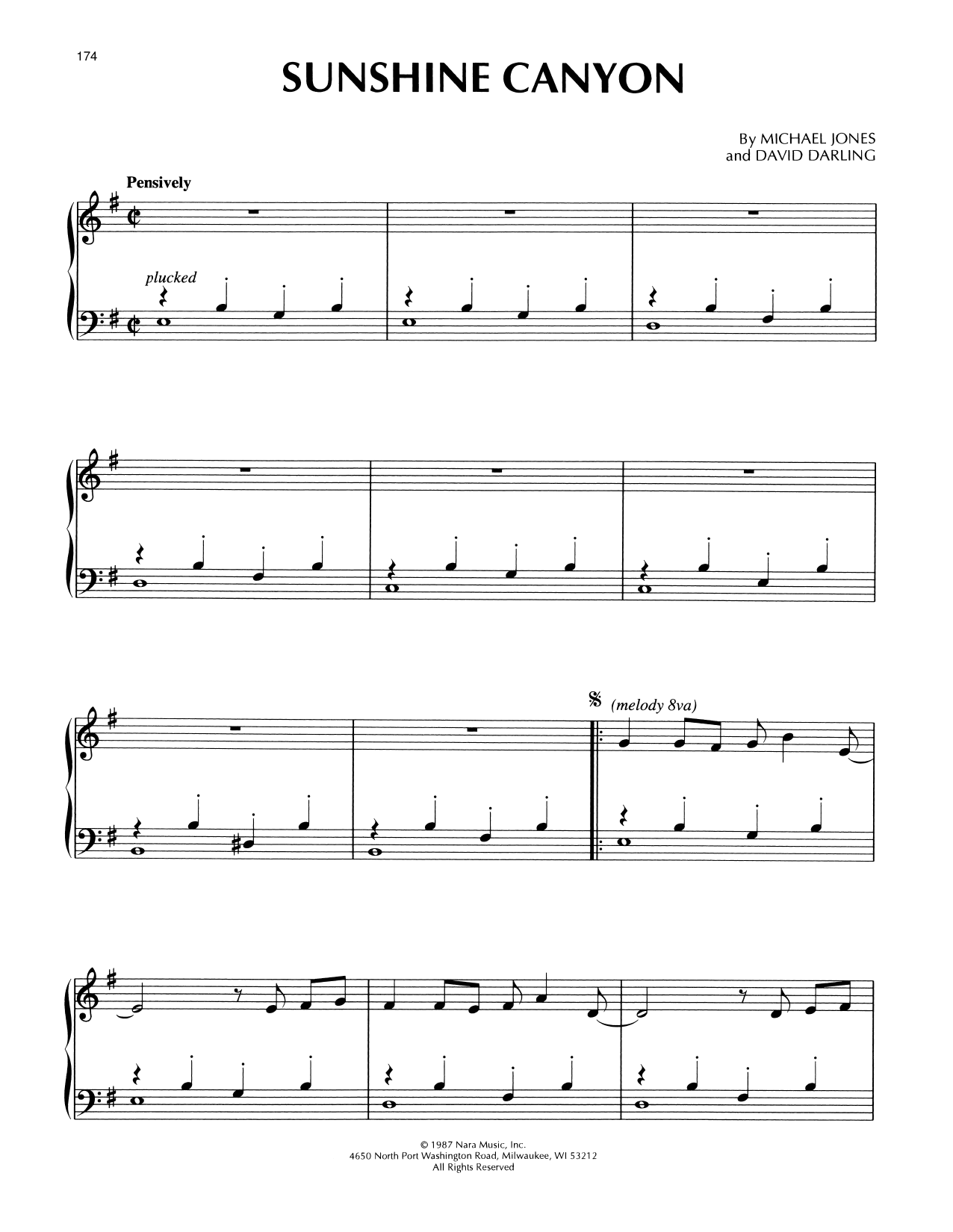 Michael Jones and David Darling Sunshine Canyon Sheet Music Notes & Chords for Piano Solo - Download or Print PDF