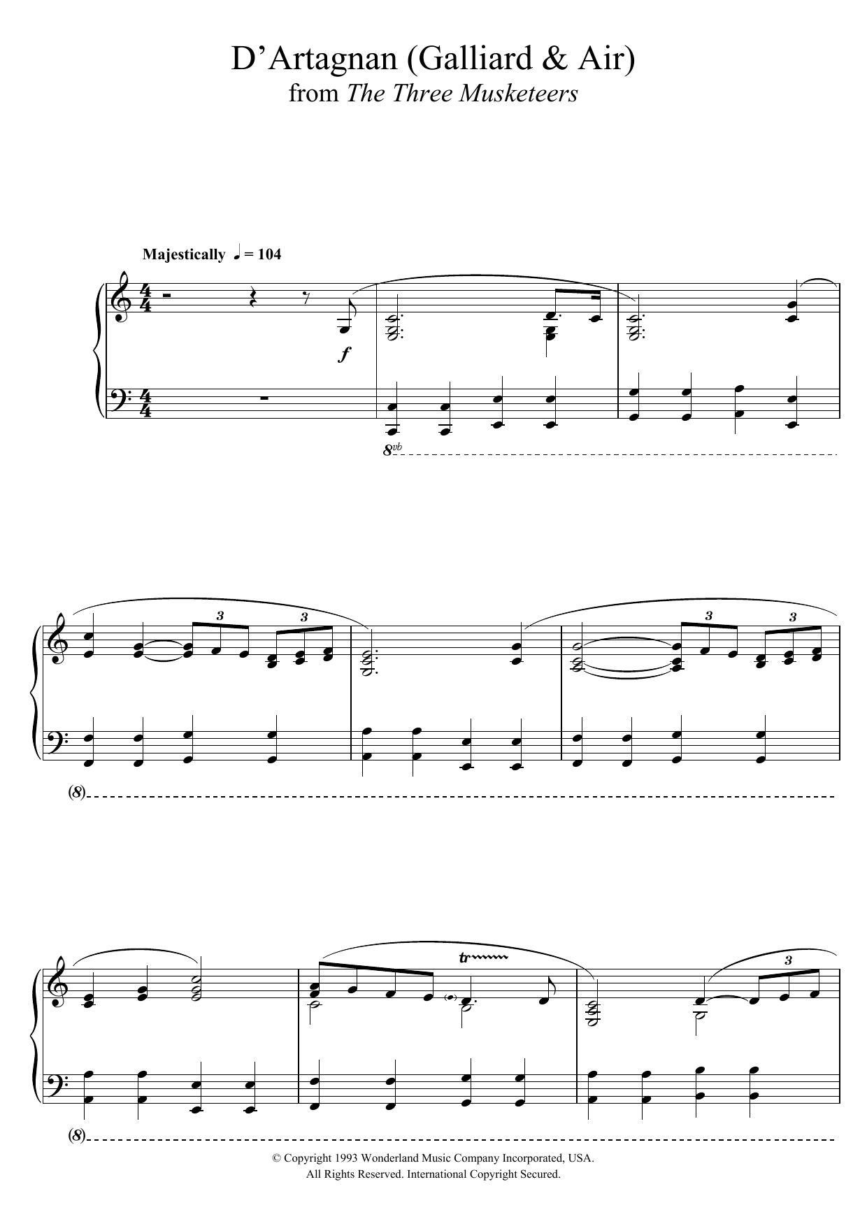 Michael Kamen The Three Musketeers (D'Artagnan (Galliard and Air)) Sheet Music Notes & Chords for Piano - Download or Print PDF Michael Kamen The Three Musketeers (D'Artagnan (Galliard and Air)) Sheet Music Notes & Chords for Piano - Download or Print PDF