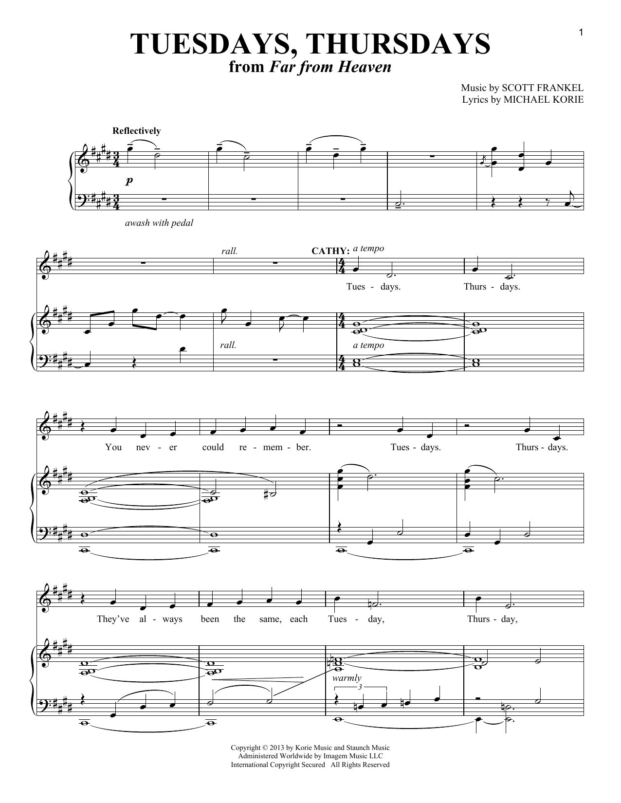 Michael Korie Tuesdays, Thursdays Sheet Music Notes & Chords for Piano & Vocal - Download or Print PDF