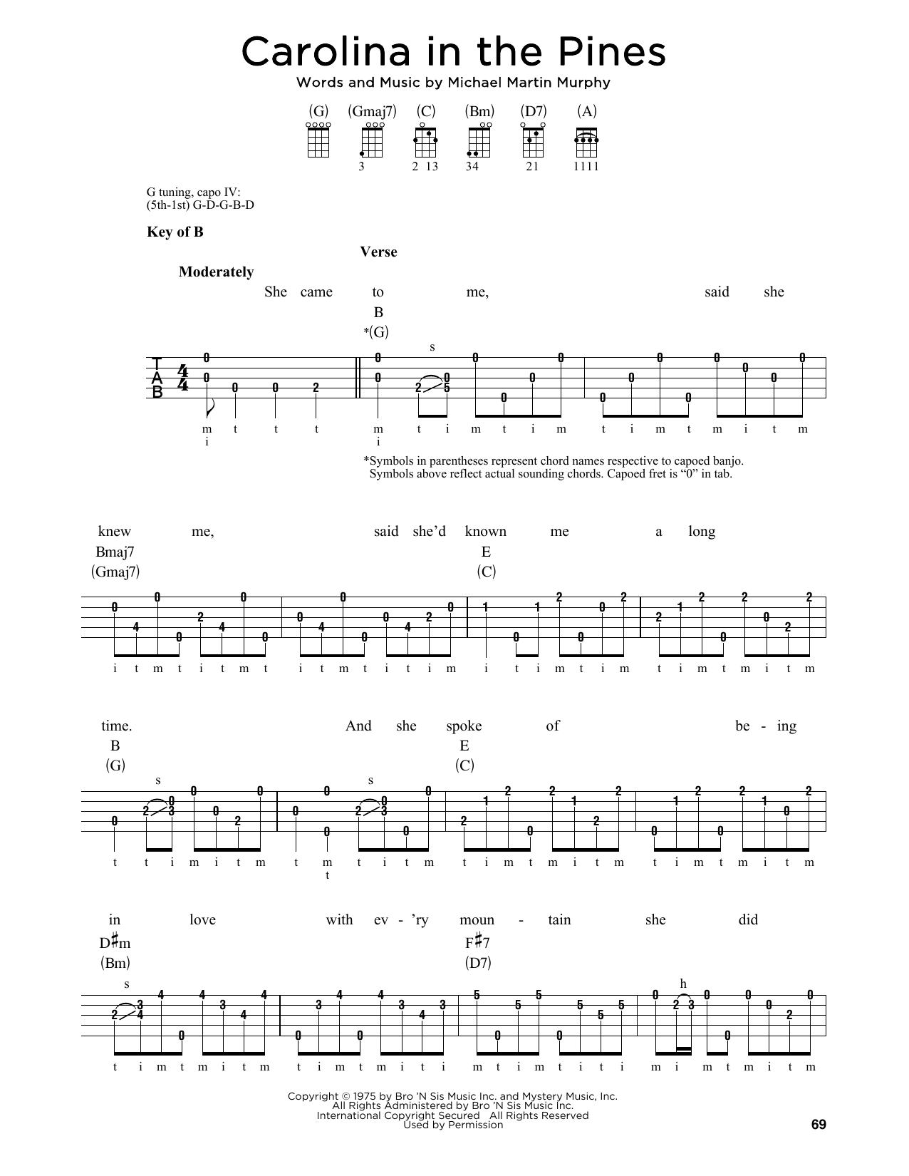 Michael Martin Murphy Carolina In The Pines Sheet Music Notes & Chords for Banjo - Download or Print PDF
