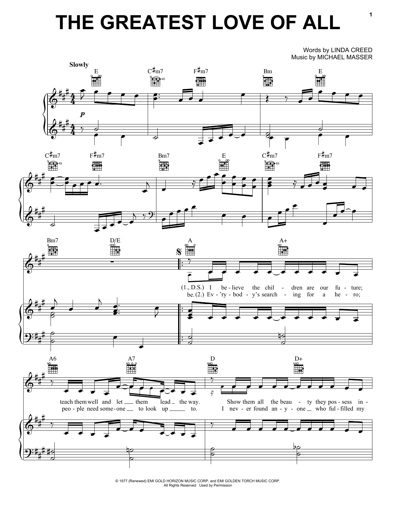 Michael Masser The Greatest Love Of All Sheet Music Notes & Chords for Piano, Vocal & Guitar (Right-Hand Melody) - Download or Print PDF