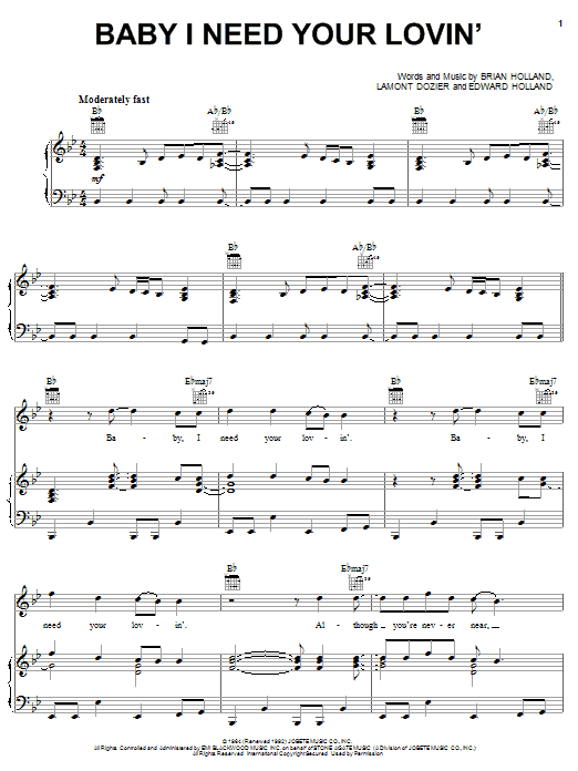 Michael McDonald Baby I Need Your Lovin' Sheet Music Notes & Chords for Piano, Vocal & Guitar (Right-Hand Melody) - Download or Print PDF