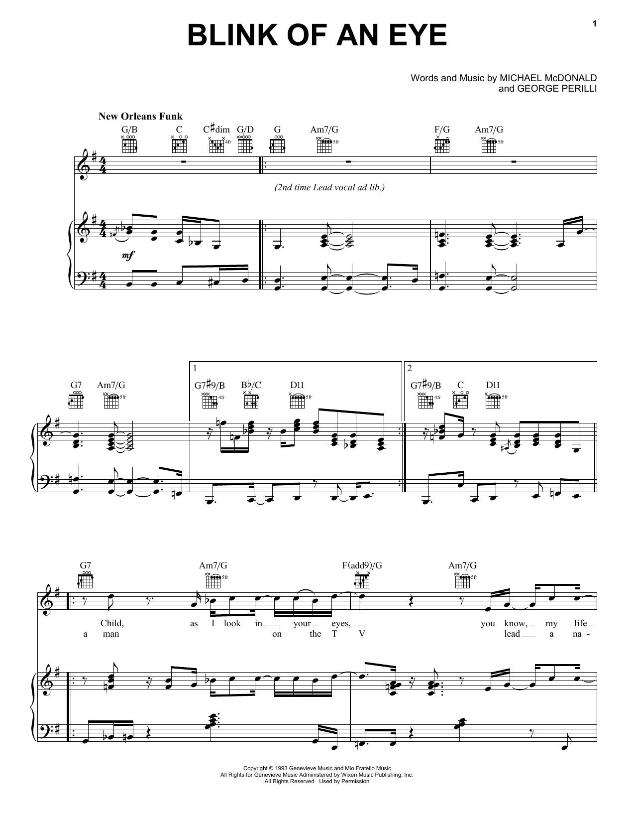 Michael McDonald Blink Of An Eye Sheet Music Notes & Chords for Piano, Vocal & Guitar (Right-Hand Melody) - Download or Print PDF