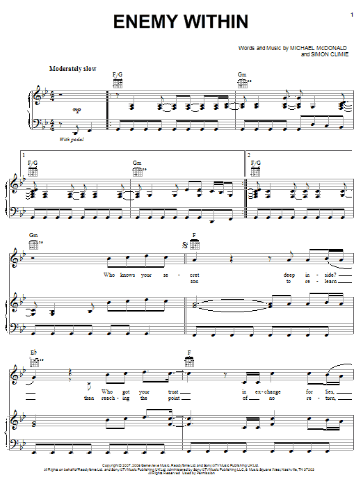 Michael McDonald Enemy Within Sheet Music Notes & Chords for Piano, Vocal & Guitar (Right-Hand Melody) - Download or Print PDF
