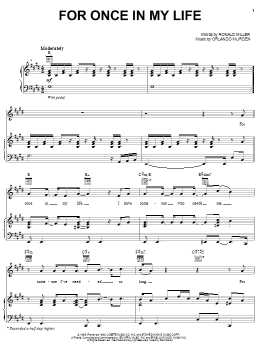 Michael McDonald For Once In My Life Sheet Music Notes & Chords for Piano, Vocal & Guitar (Right-Hand Melody) - Download or Print PDF