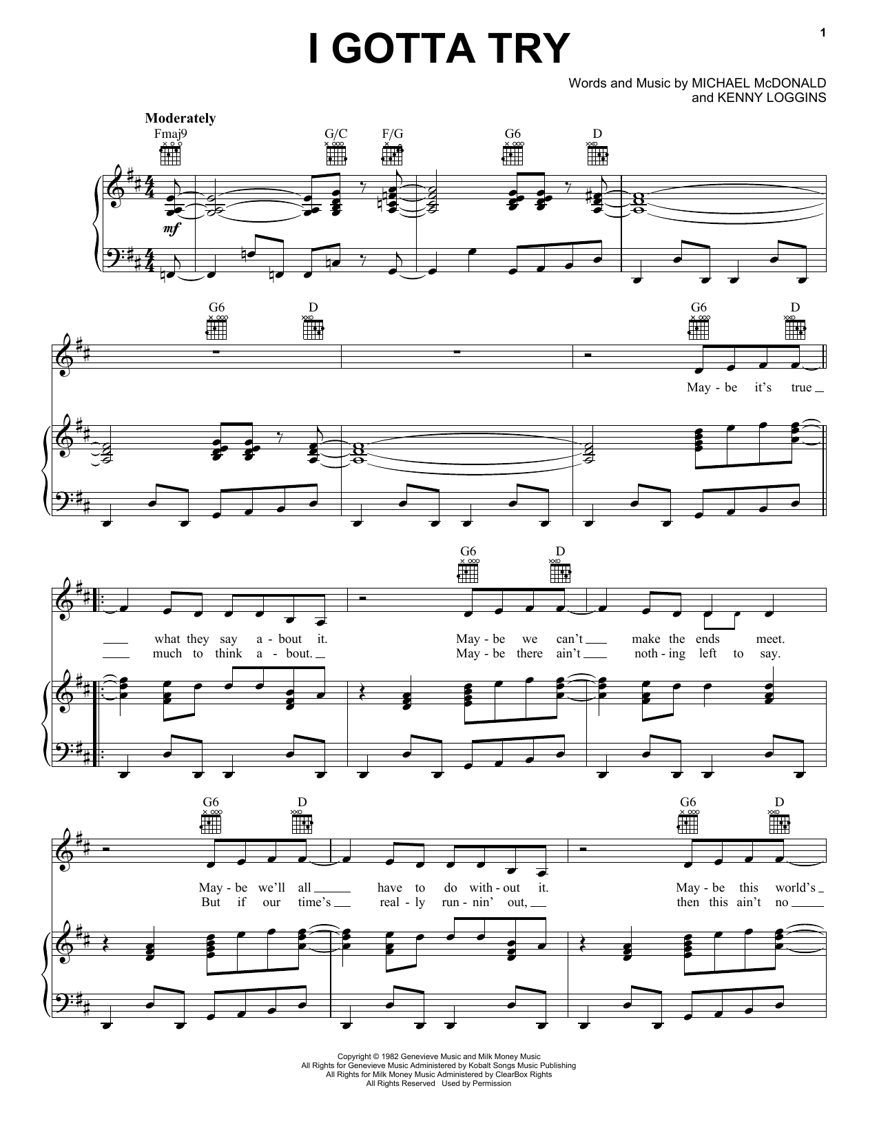 Michael McDonald I Gotta Try Sheet Music Notes & Chords for Piano, Vocal & Guitar (Right-Hand Melody) - Download or Print PDF