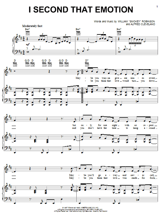 Michael McDonald I Second That Emotion Sheet Music Notes & Chords for Piano, Vocal & Guitar (Right-Hand Melody) - Download or Print PDF