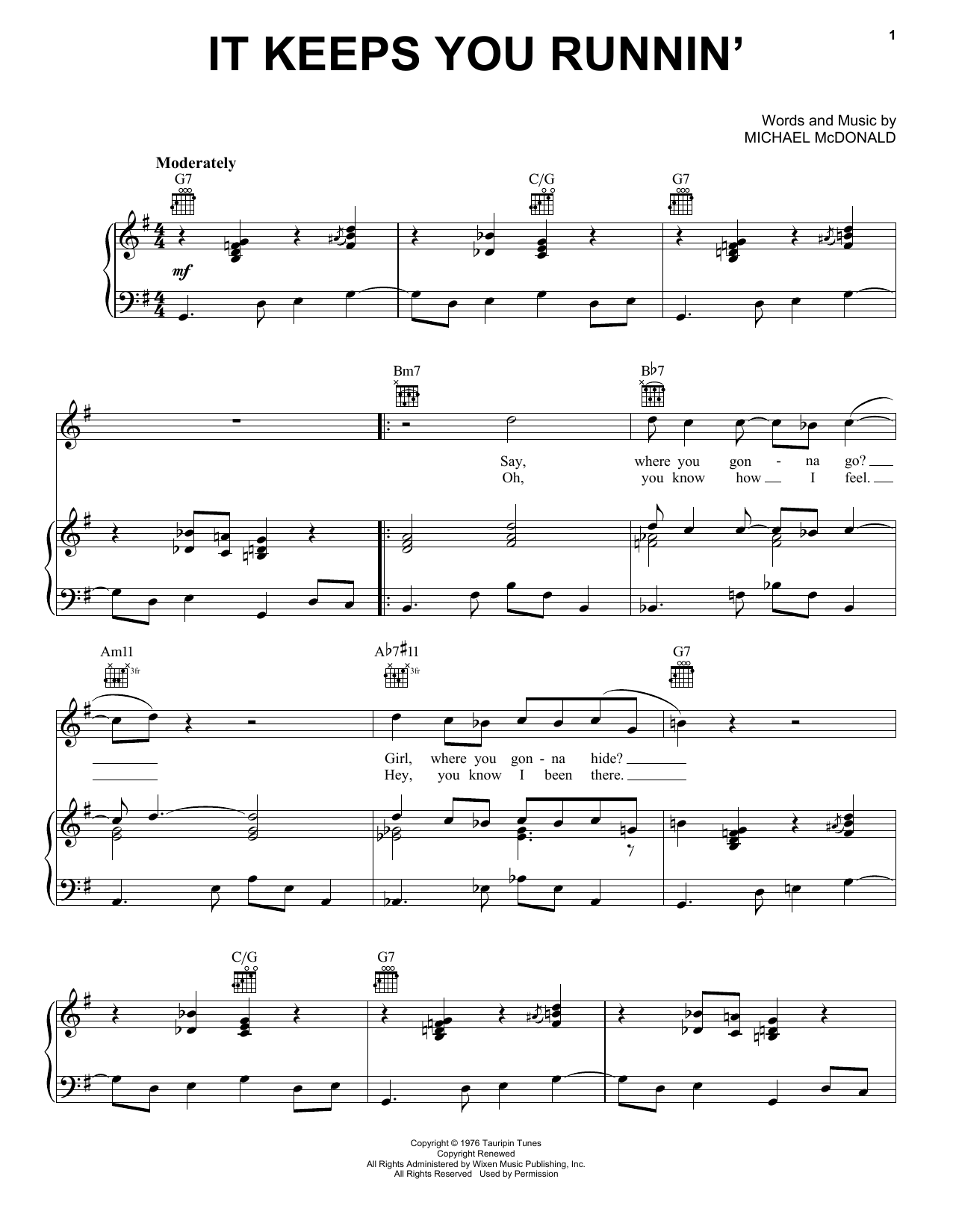 Michael McDonald It Keeps You Runnin' Sheet Music Notes & Chords for Piano, Vocal & Guitar (Right-Hand Melody) - Download or Print PDF