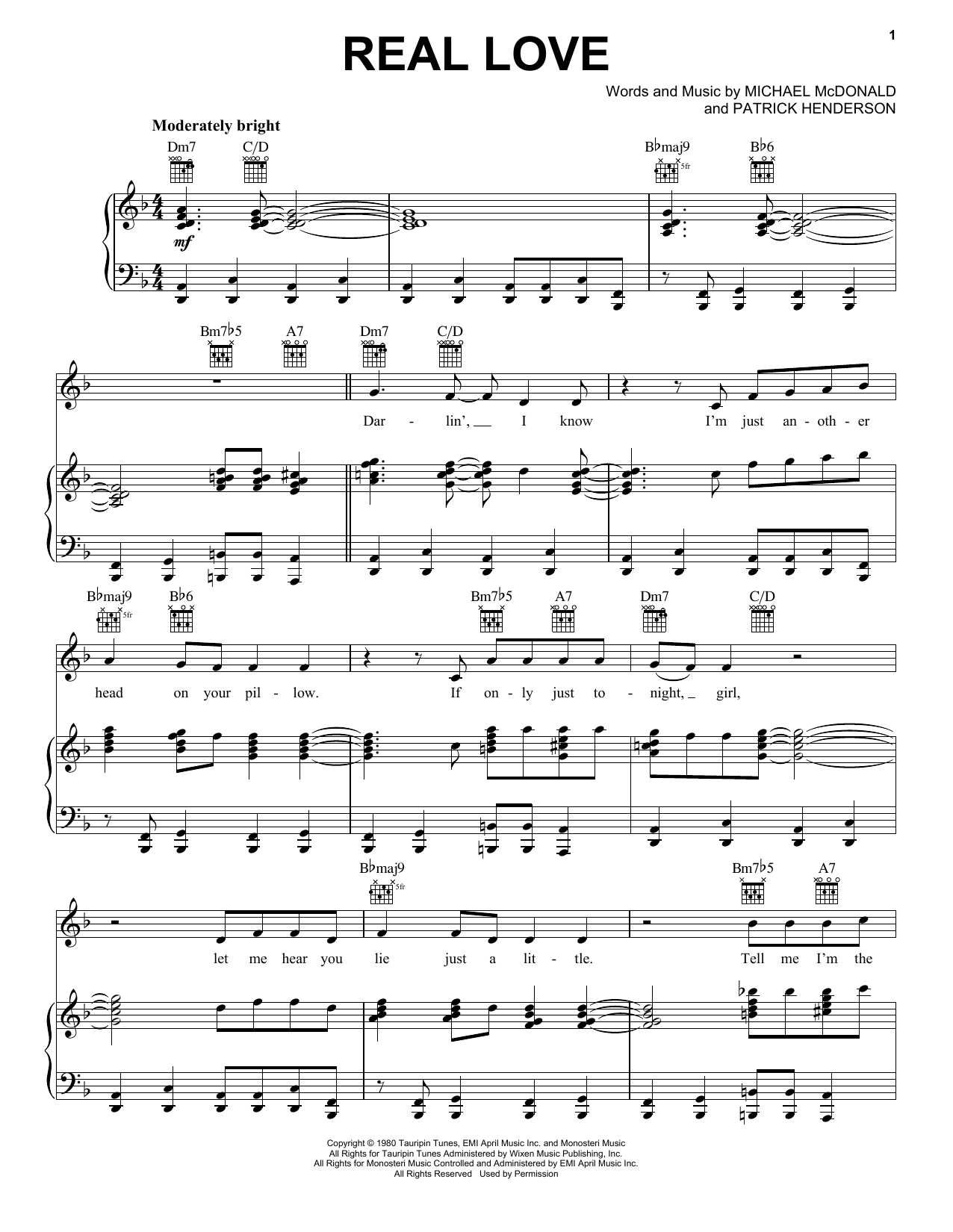 Michael McDonald Real Love Sheet Music Notes & Chords for Piano, Vocal & Guitar (Right-Hand Melody) - Download or Print PDF