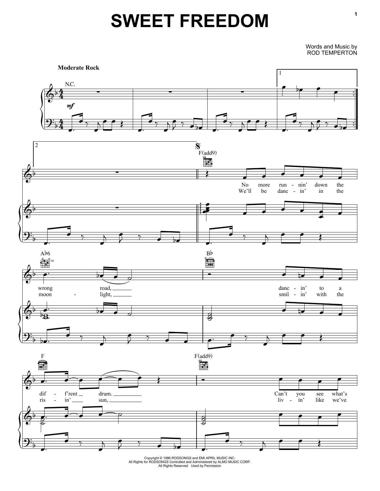 Michael McDonald Sweet Freedom Sheet Music Notes & Chords for Piano, Vocal & Guitar (Right-Hand Melody) - Download or Print PDF