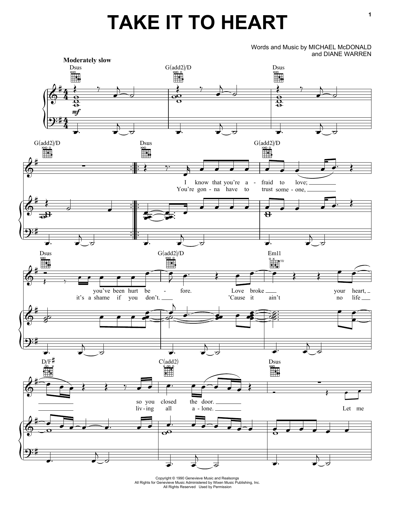 Michael McDonald Take It To Heart Sheet Music Notes & Chords for Piano, Vocal & Guitar (Right-Hand Melody) - Download or Print PDF