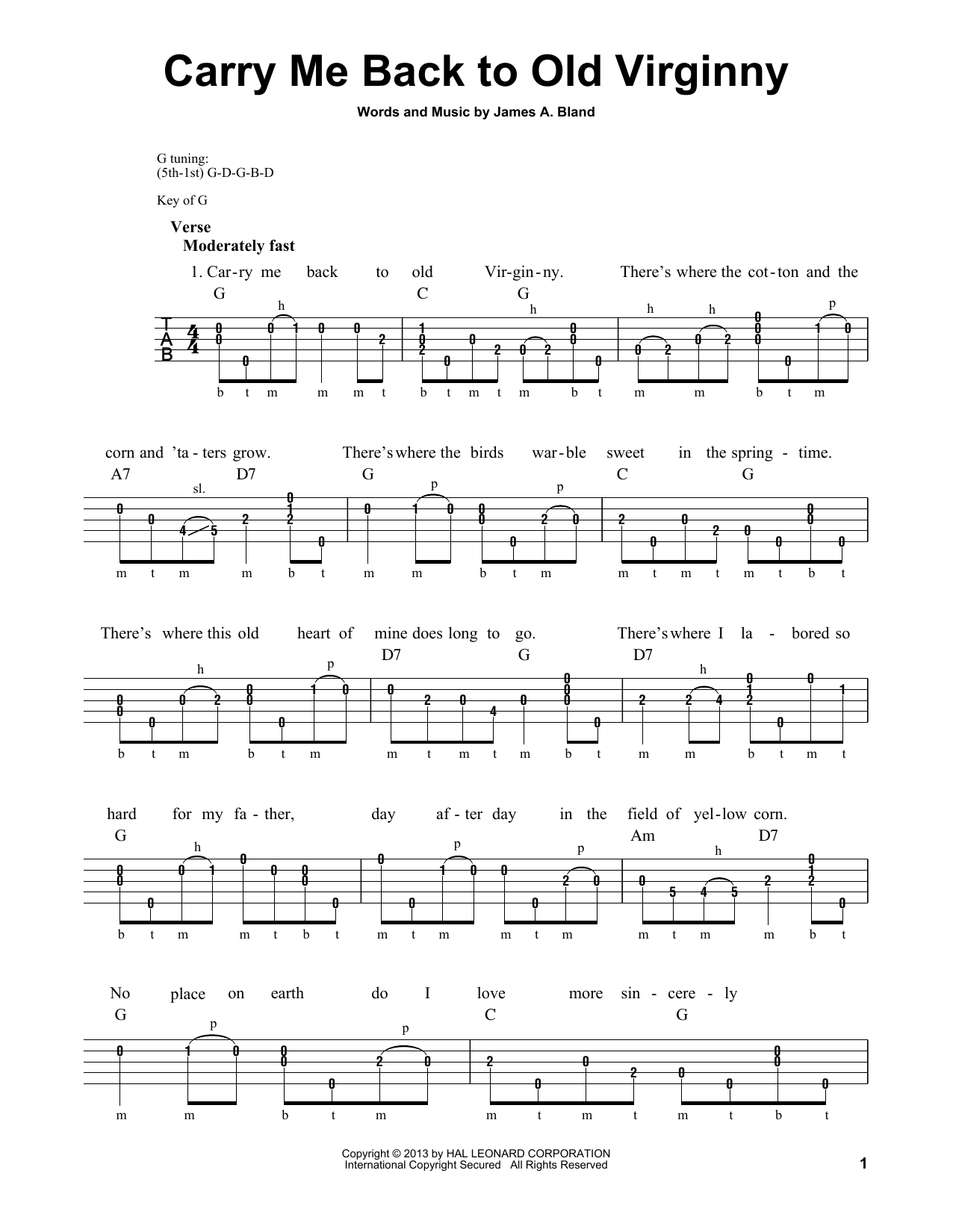 Michael Miles Carry Me Back To Old Virginny Sheet Music Notes & Chords for Banjo - Download or Print PDF