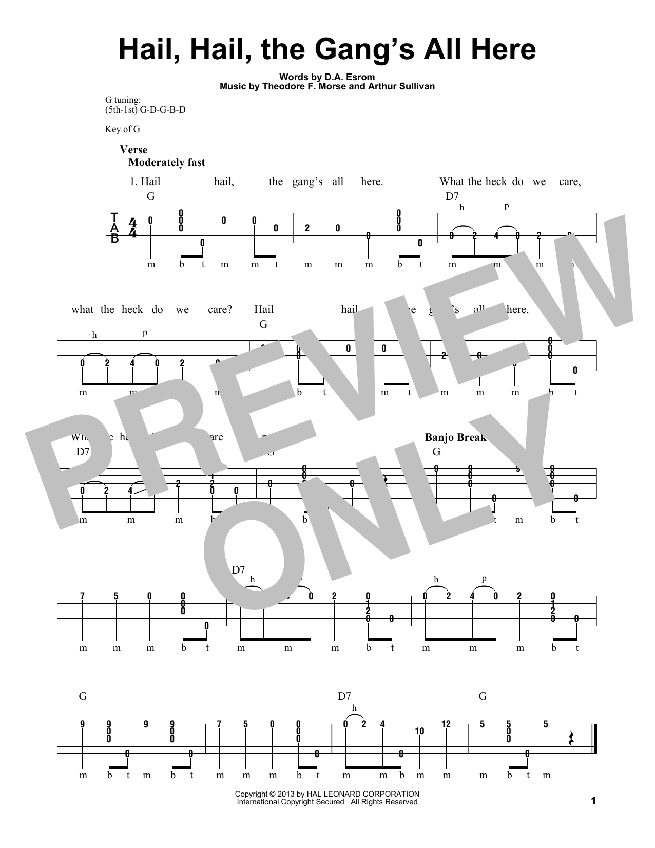 Theodore F. Morse Hail, Hail, The Gang's All Here Sheet Music Notes & Chords for Banjo - Download or Print PDF