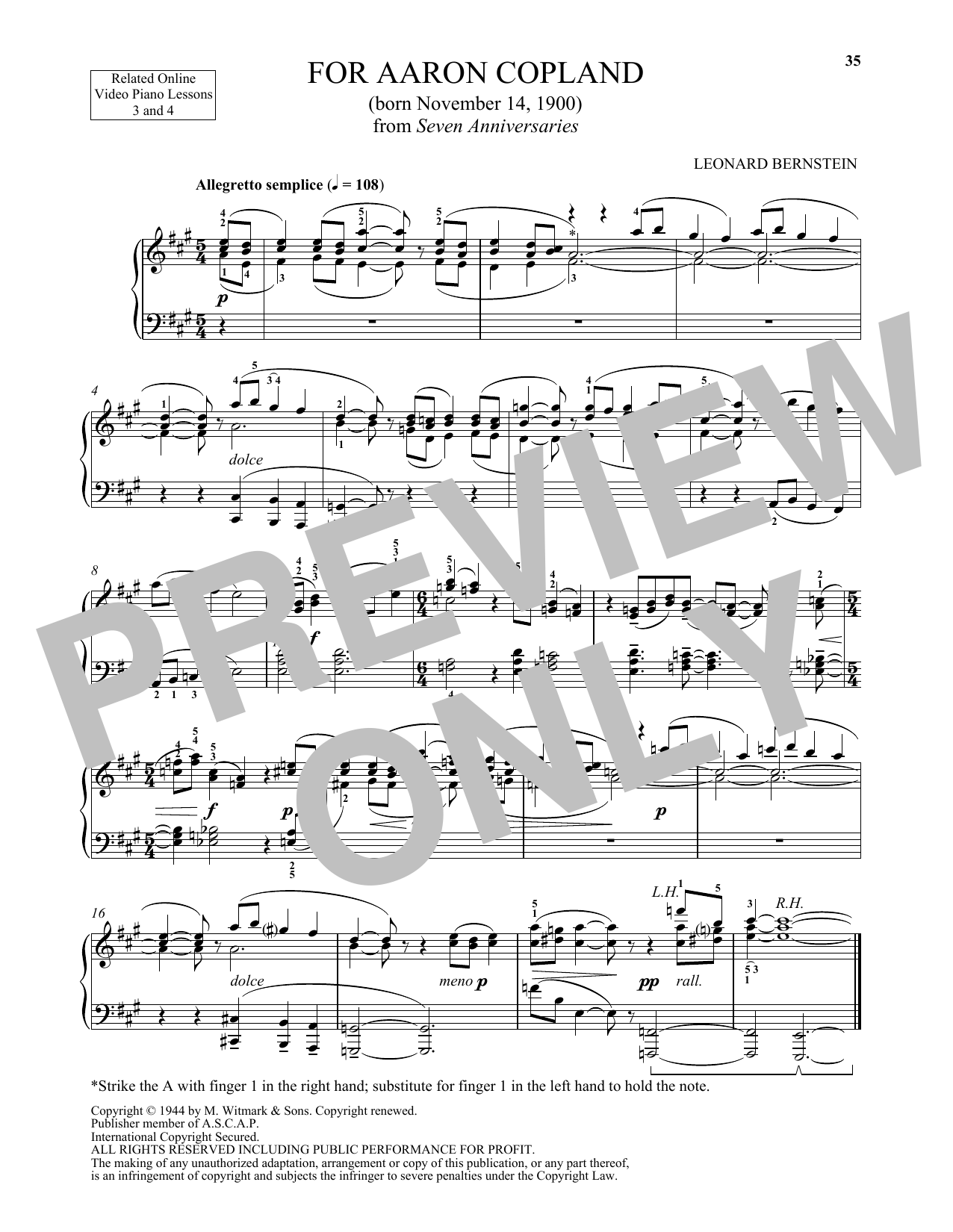 Michael Mizrahi For Aaron Copland Sheet Music Notes & Chords for Piano Solo - Download or Print PDF