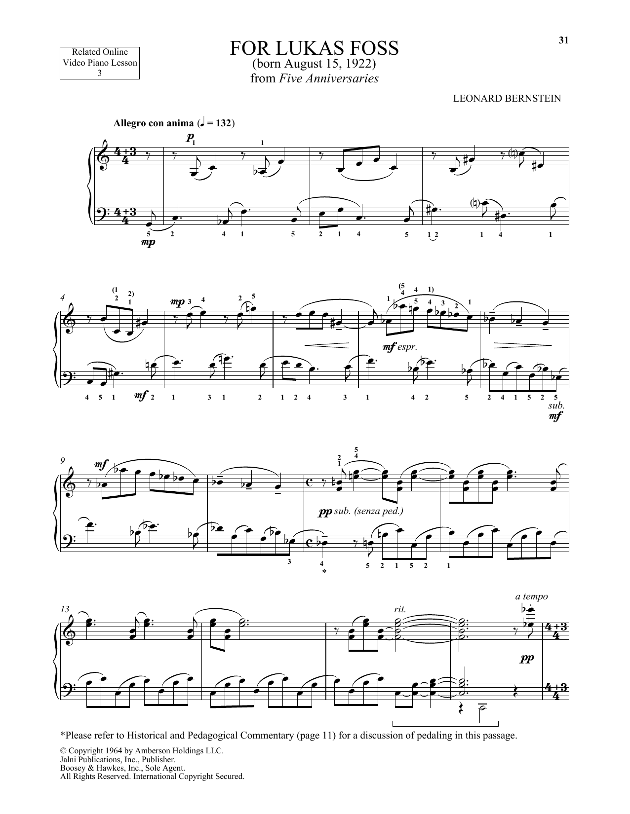 Michael Mizrahi For Lukas Foss Sheet Music Notes & Chords for Piano Solo - Download or Print PDF
