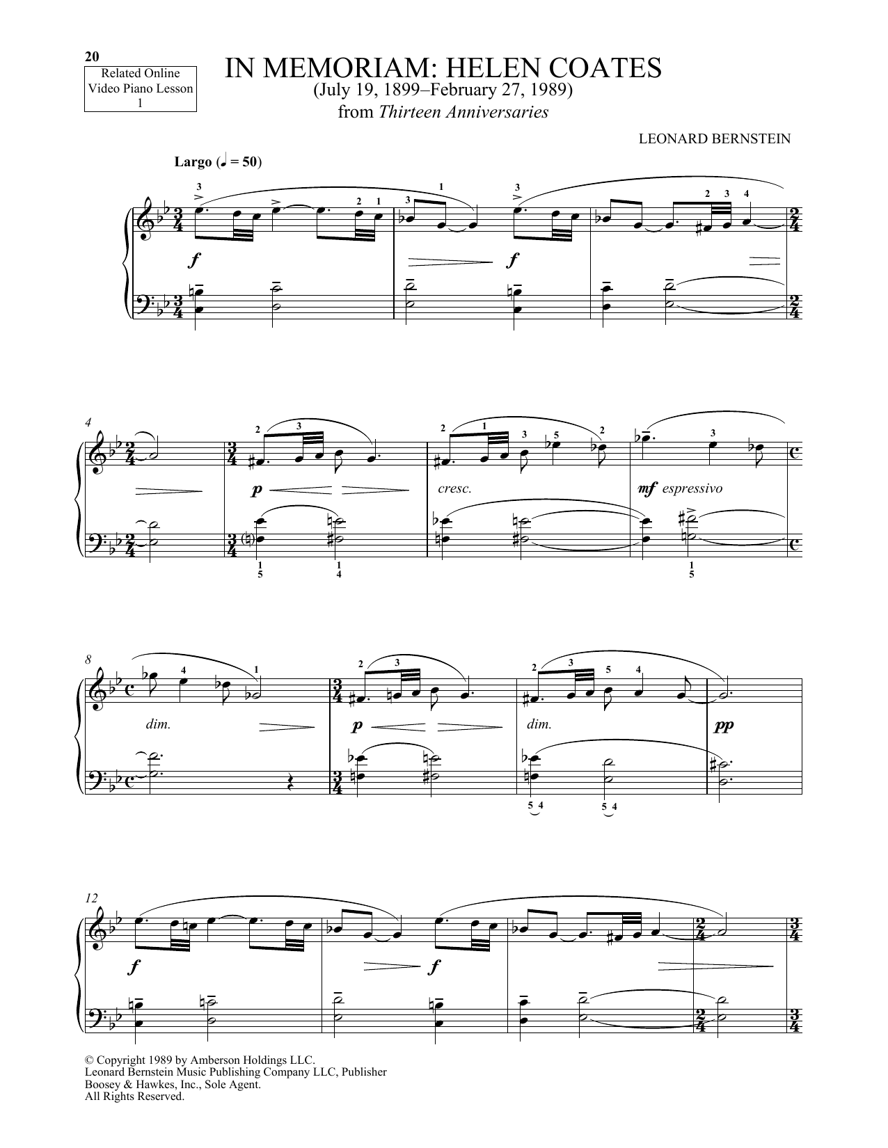 Michael Mizrahi In Memoriam: Helen Coates Sheet Music Notes & Chords for Piano Solo - Download or Print PDF