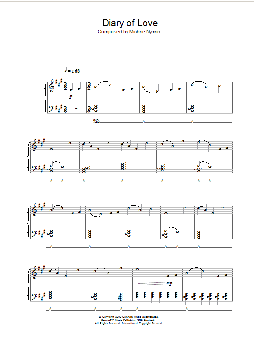 Michael Nyman Diary Of Love (from The End Of The Affair) Sheet Music Notes & Chords for Piano - Download or Print PDF