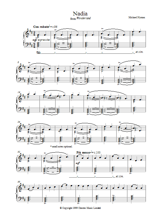 Michael Nyman Nadia Sheet Music Notes & Chords for Piano - Download or Print PDF