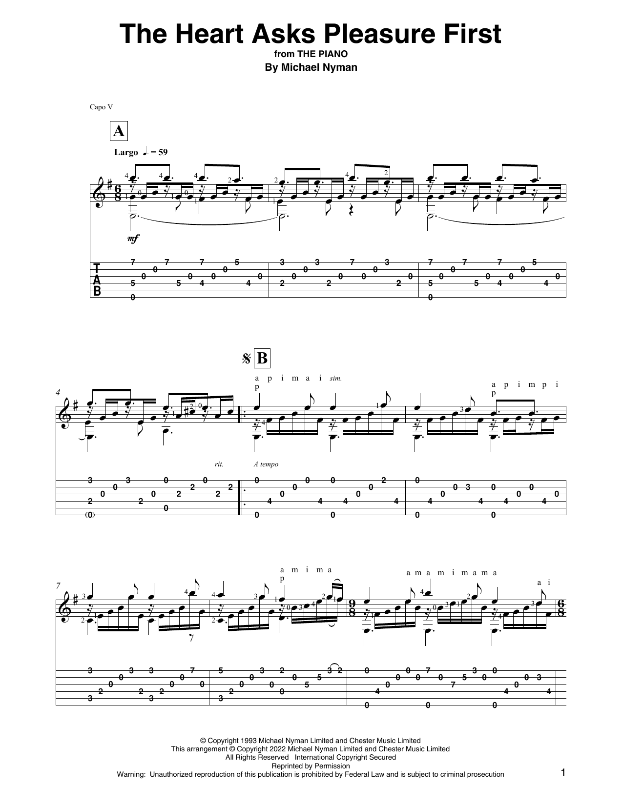 Michael Nyman The Heart Asks Pleasure First (from The Piano) (arr. David Jaggs) Sheet Music Notes & Chords for Solo Guitar - Download or Print PDF