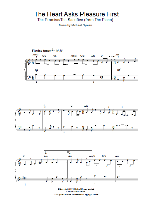 Michael Nyman The Heart Asks Pleasure First: The Promise/The Sacrifice (from The Piano) Sheet Music Notes & Chords for Easy Piano - Download or Print PDF