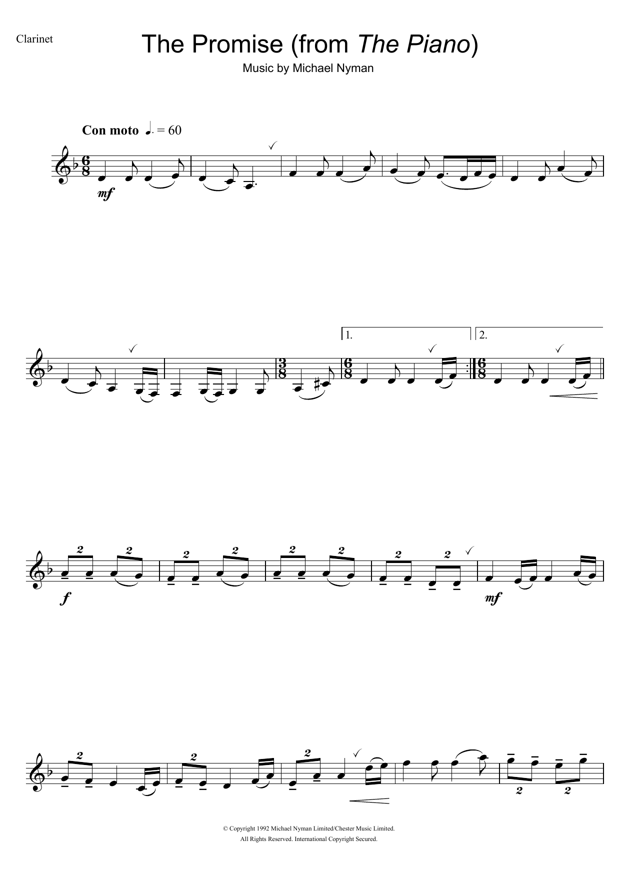 Michael Nyman The Promise (from The Piano) Sheet Music Notes & Chords for Alto Saxophone - Download or Print PDF