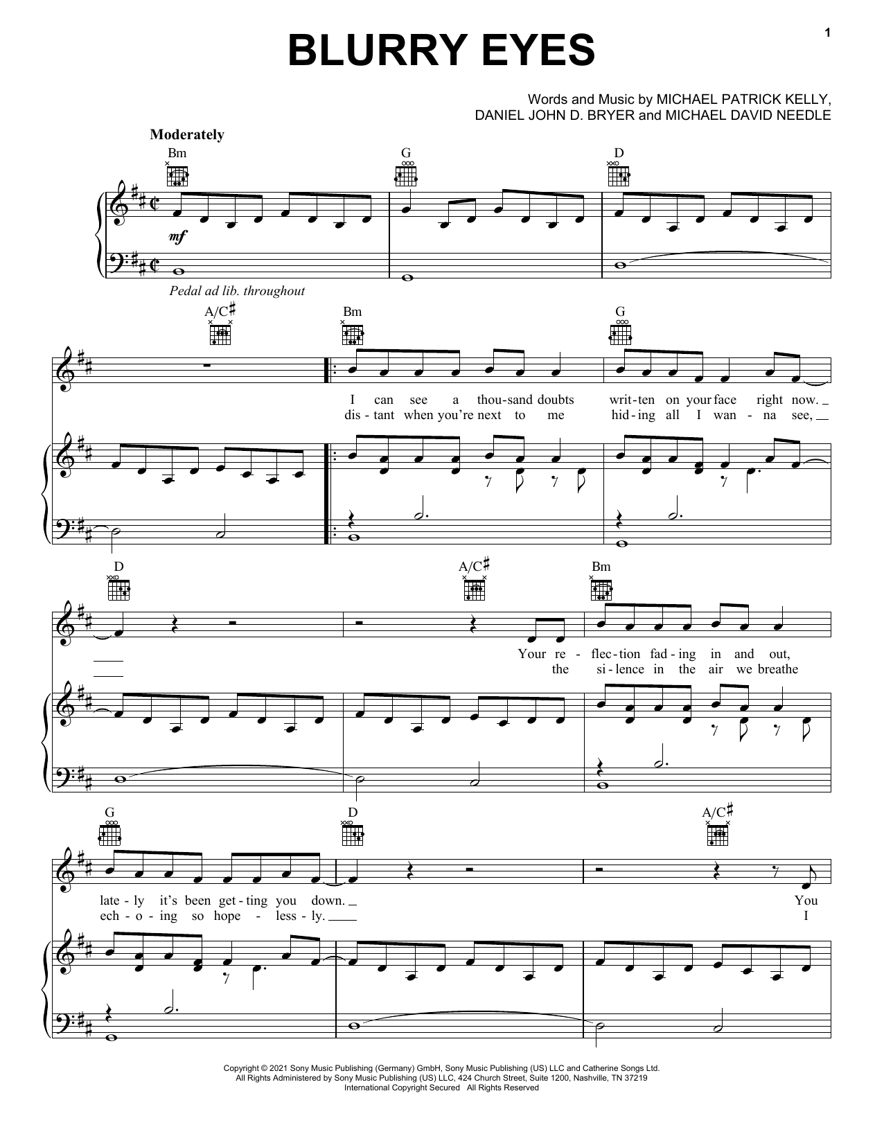 Michael Patrick Kelly Blurry Eyes Sheet Music Notes & Chords for Piano, Vocal & Guitar Chords (Right-Hand Melody) - Download or Print PDF