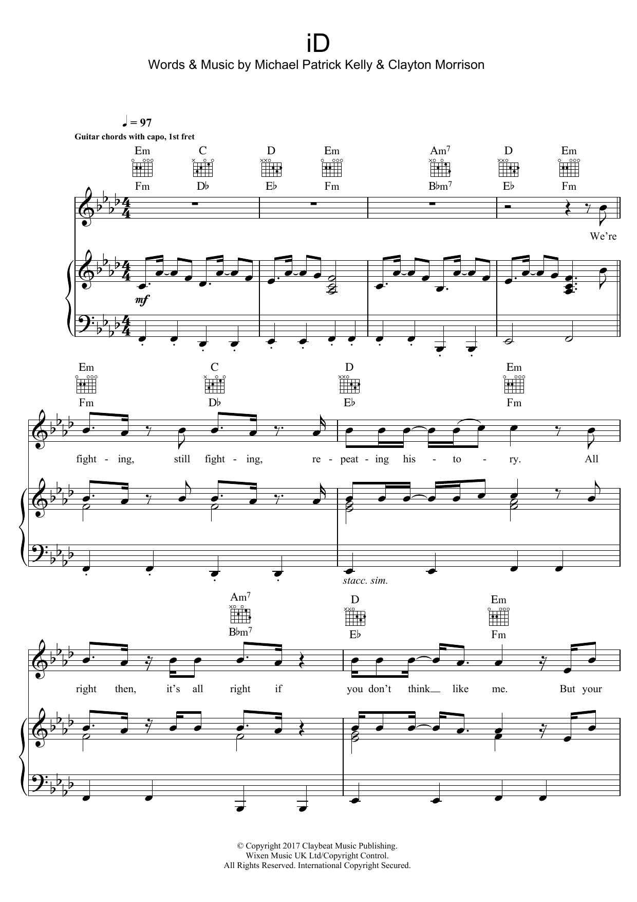 Michael Patrick Kelly iD (featuring Gentleman) Sheet Music Notes & Chords for Piano, Vocal & Guitar (Right-Hand Melody) - Download or Print PDF