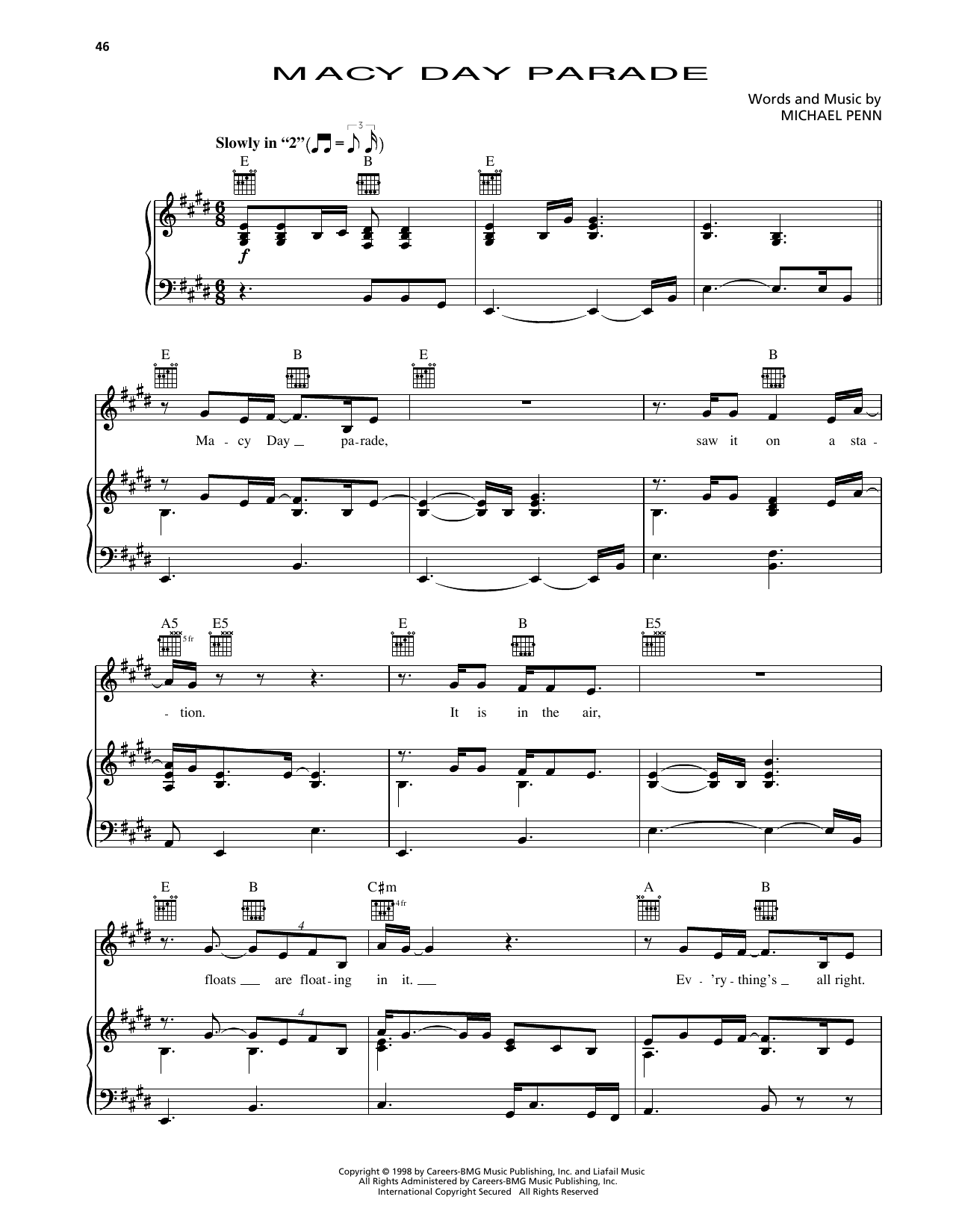 Michael Penn Macy Day Parade (from Godzilla) Sheet Music Notes & Chords for Piano, Vocal & Guitar Chords (Right-Hand Melody) - Download or Print PDF