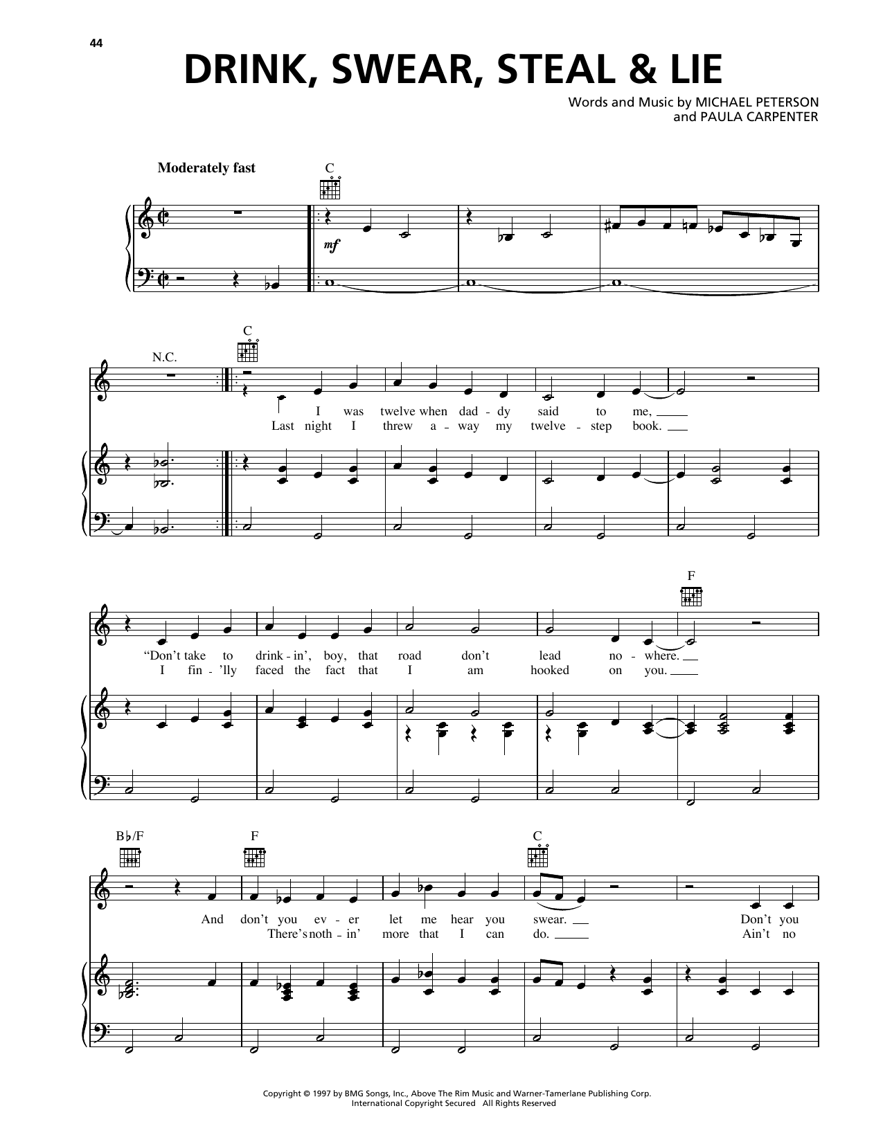 Michael Peterson Drink, Swear, Steal & Lie Sheet Music Notes & Chords for Piano, Vocal & Guitar Chords (Right-Hand Melody) - Download or Print PDF