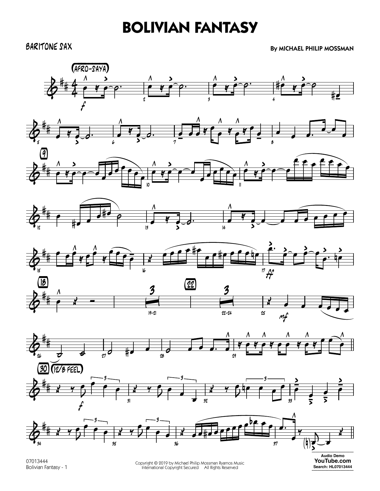 Michael Philip Mossman Bolivian Fantasy - Baritone Sax Sheet Music Notes & Chords for Jazz Ensemble - Download or Print PDF