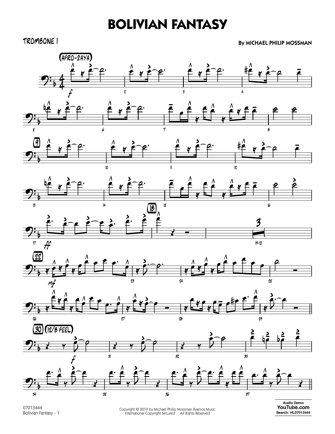 Michael Philip Mossman Bolivian Fantasy - Trombone 1 Sheet Music Notes & Chords for Jazz Ensemble - Download or Print PDF