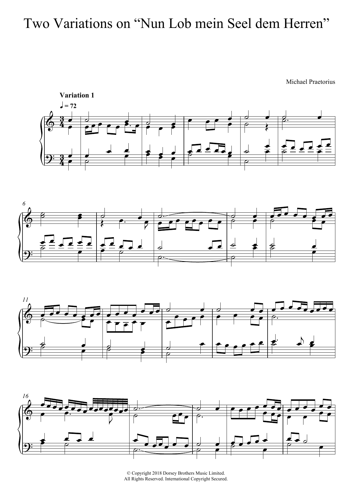 Michael Praetorius Two Variations On 'Nun Lob Mein Seel Dem Herren' Sheet Music Notes & Chords for Piano - Download or Print PDF