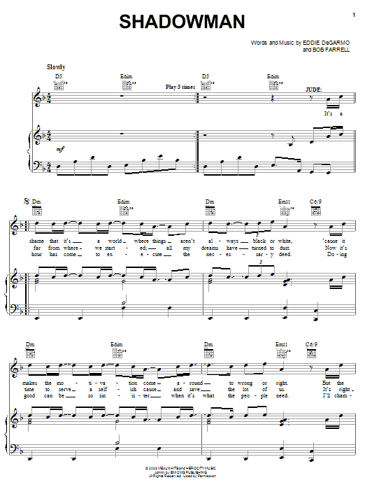 Michael Quinlan Shadowman Sheet Music Notes & Chords for Piano, Vocal & Guitar (Right-Hand Melody) - Download or Print PDF
