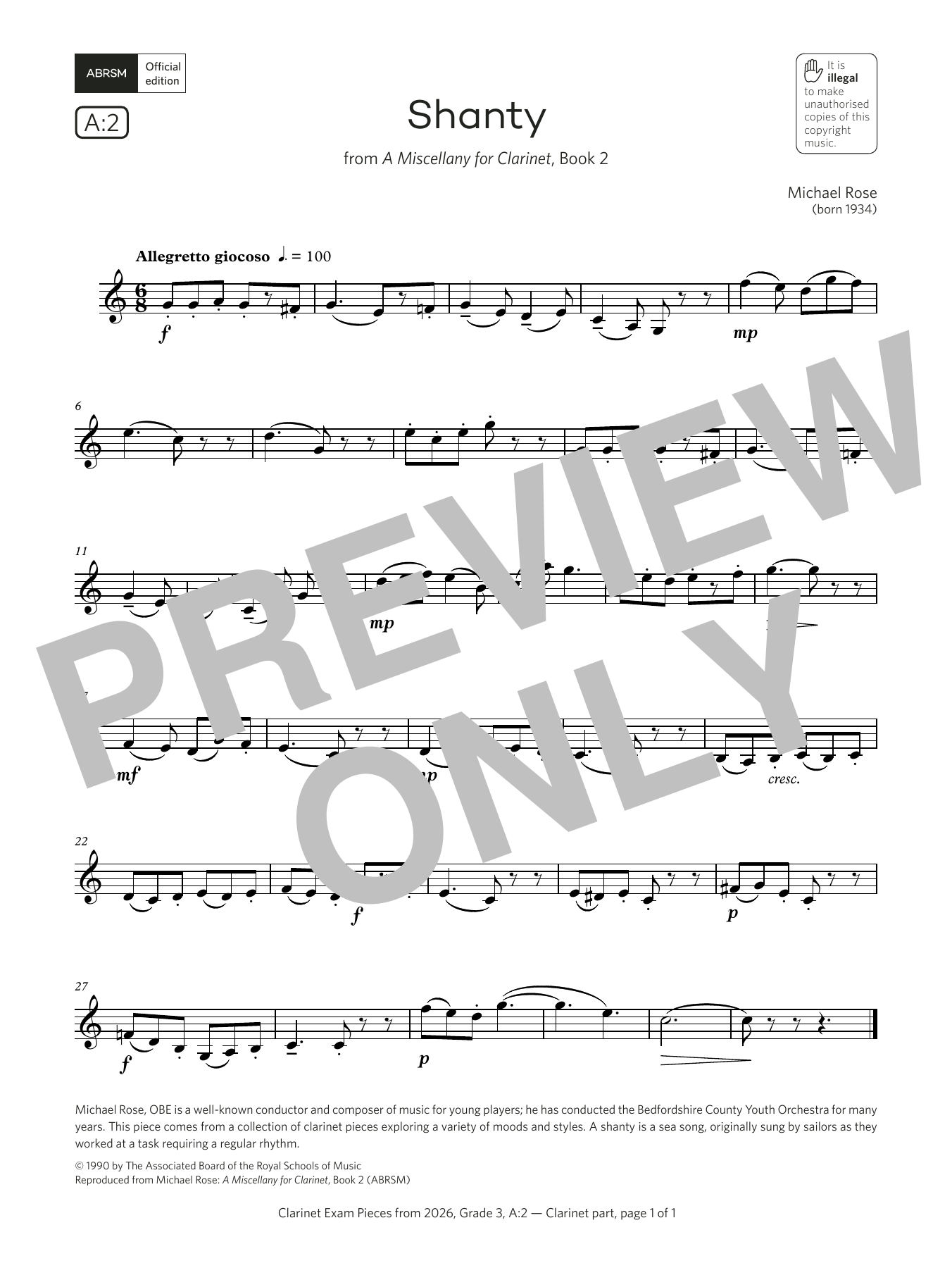 Michael Rose Shanty (Grade 3, list A2, from the ABRSM Clarinet Syllabus from 2026) Sheet Music Notes & Chords for Clarinet Solo - Download or Print PDF Michael Rose Shanty (Grade 3, list A2, from the ABRSM Clarinet Syllabus from 2026) Sheet Music Notes & Chords for Clarinet Solo - Download or Print PDF