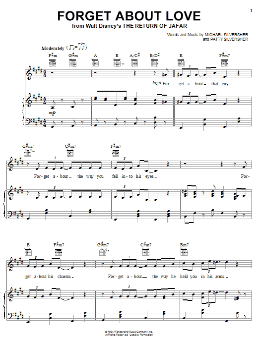 Michael Silversher Forget About Love (from The Return of Jafar) Sheet Music Notes & Chords for Piano (Big Notes) - Download or Print PDF Michael Silversher Forget About Love (from The Return of Jafar) Sheet Music Notes & Chords for Piano (Big Notes) - Download or Print PDF