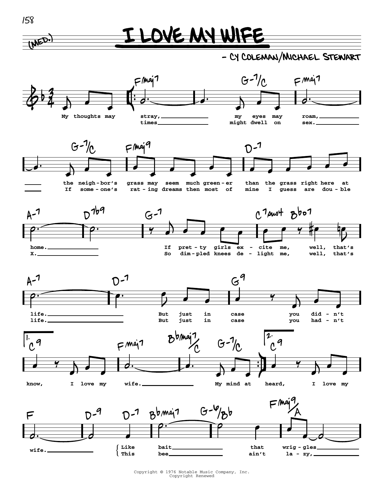 Michael Stewart I Love My Wife (High Voice) Sheet Music Notes & Chords for Real Book – Melody, Lyrics & Chords - Download or Print PDF