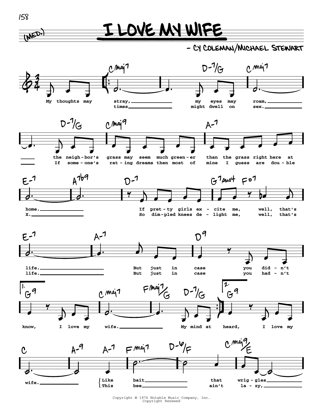 Michael Stewart I Love My Wife (Low Voice) Sheet Music Notes & Chords for Real Book – Melody, Lyrics & Chords - Download or Print PDF
