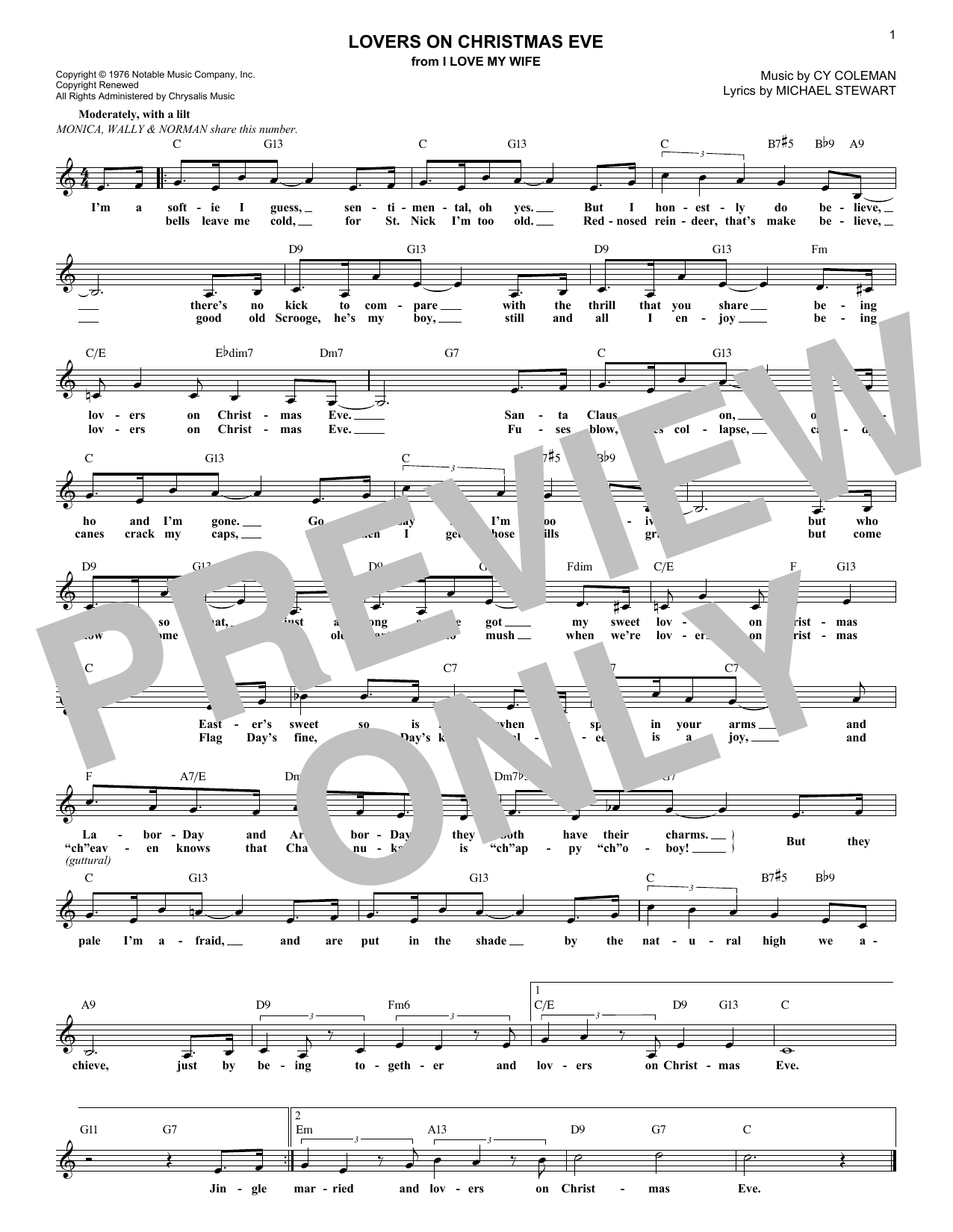 Cy Coleman Lovers On Christmas Eve Sheet Music Notes & Chords for Melody Line, Lyrics & Chords - Download or Print PDF