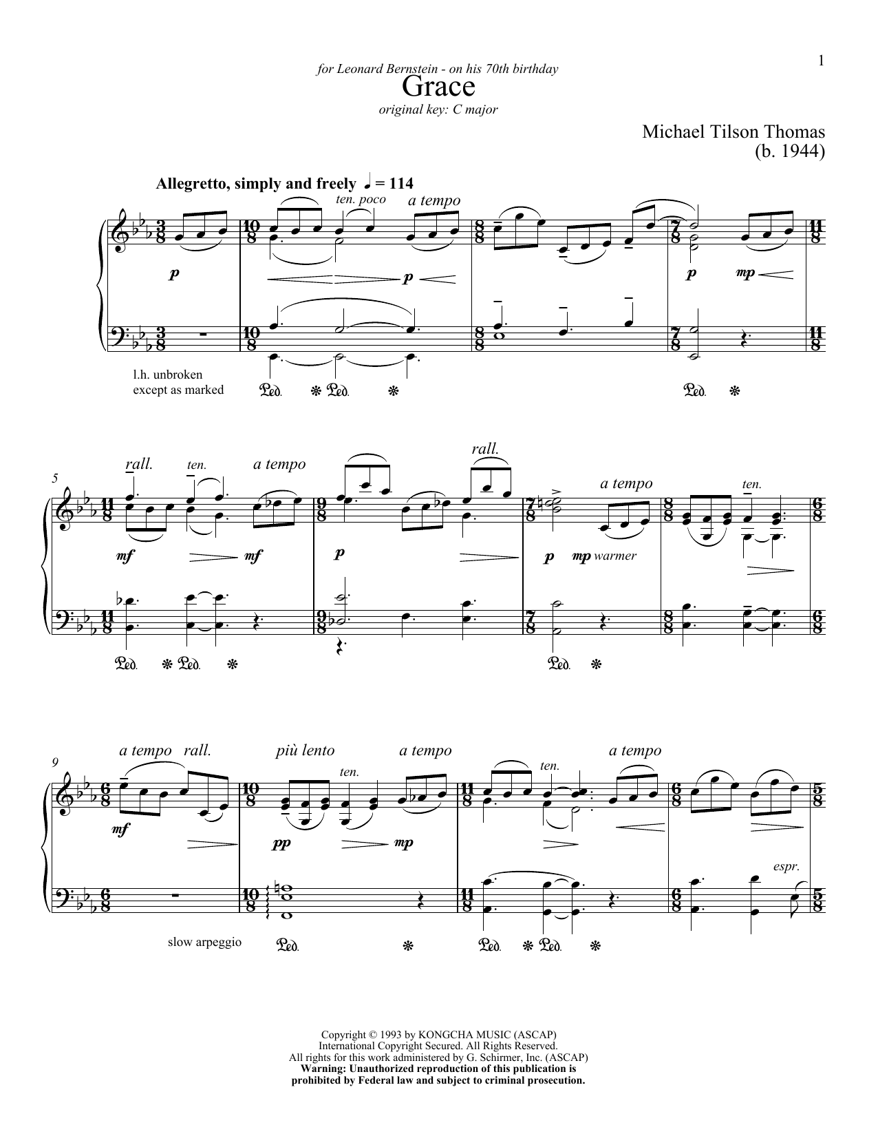 Michael Tilson Thomas Grace Sheet Music Notes & Chords for Piano & Vocal - Download or Print PDF