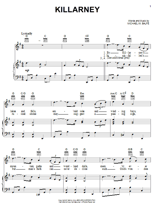 Michael W. Balfe Killarney Sheet Music Notes & Chords for Easy Guitar Tab - Download or Print PDF