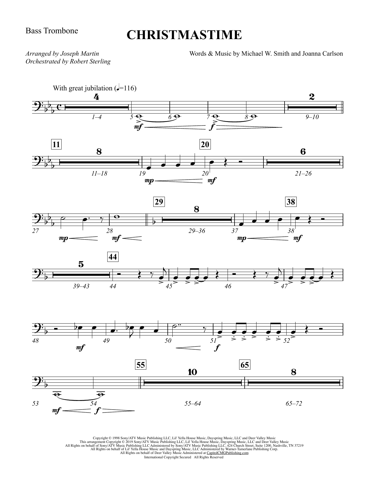 Michael W. Smith & Joanna Carlson Christmastime (arr. Joseph M. Martin) - Bass Trombone Sheet Music Notes & Chords for Choir Instrumental Pak - Download or Print PDF