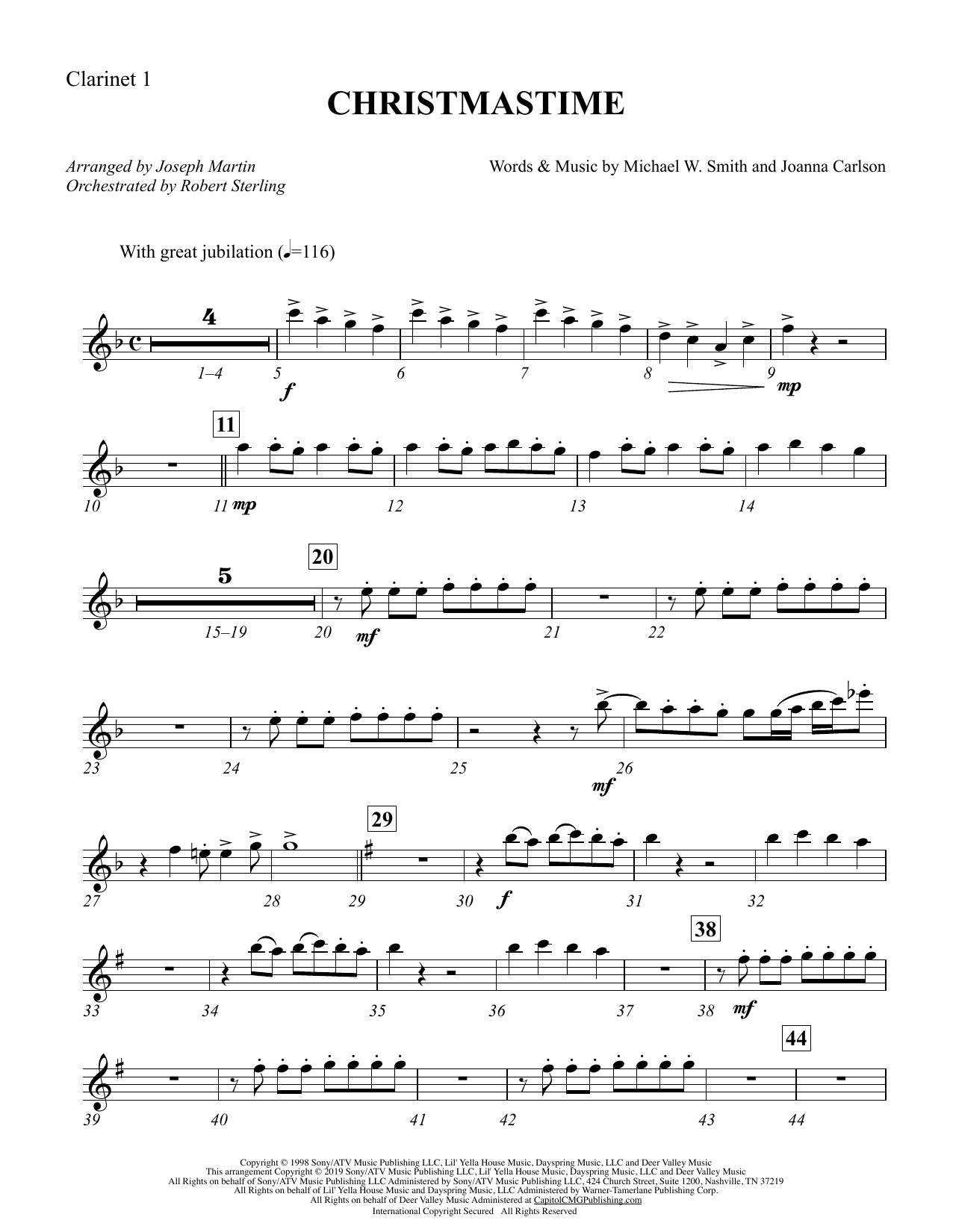Michael W. Smith & Joanna Carlson Christmastime (arr. Joseph M. Martin) - Bb Clarinet 1 Sheet Music Notes & Chords for Choir Instrumental Pak - Download or Print PDF