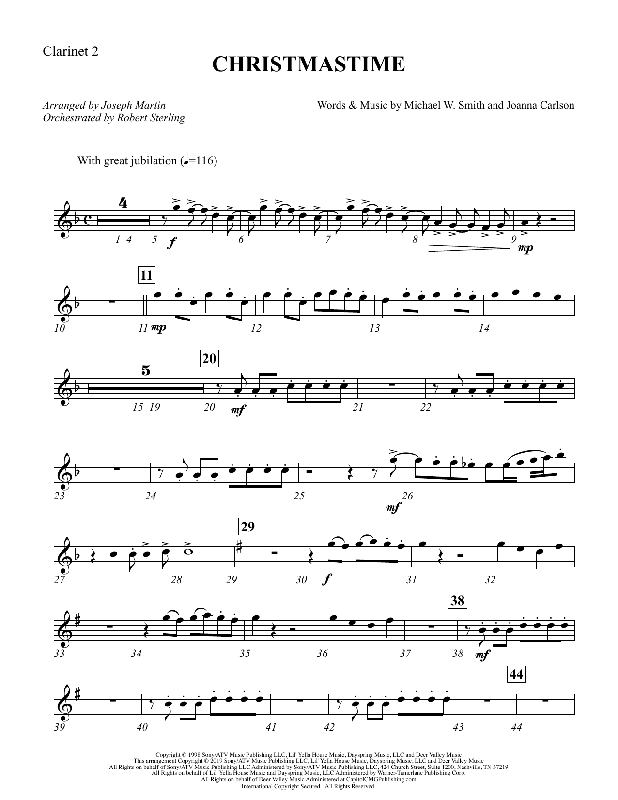 Michael W. Smith & Joanna Carlson Christmastime (arr. Joseph M. Martin) - Bb Clarinet 2 Sheet Music Notes & Chords for Choir Instrumental Pak - Download or Print PDF