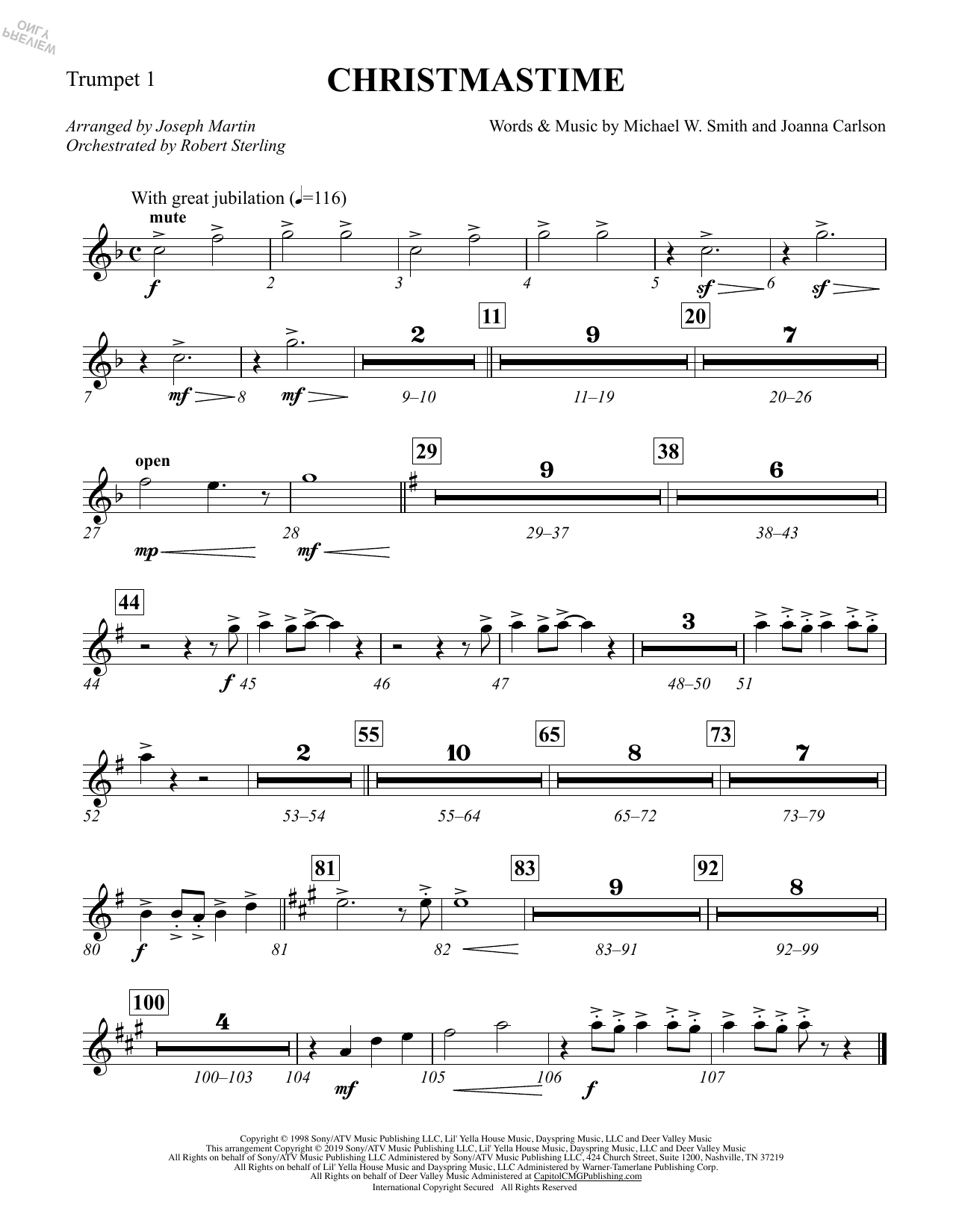 Michael W. Smith & Joanna Carlson Christmastime (arr. Joseph M. Martin) - Bb Trumpet 1 Sheet Music Notes & Chords for Choir Instrumental Pak - Download or Print PDF
