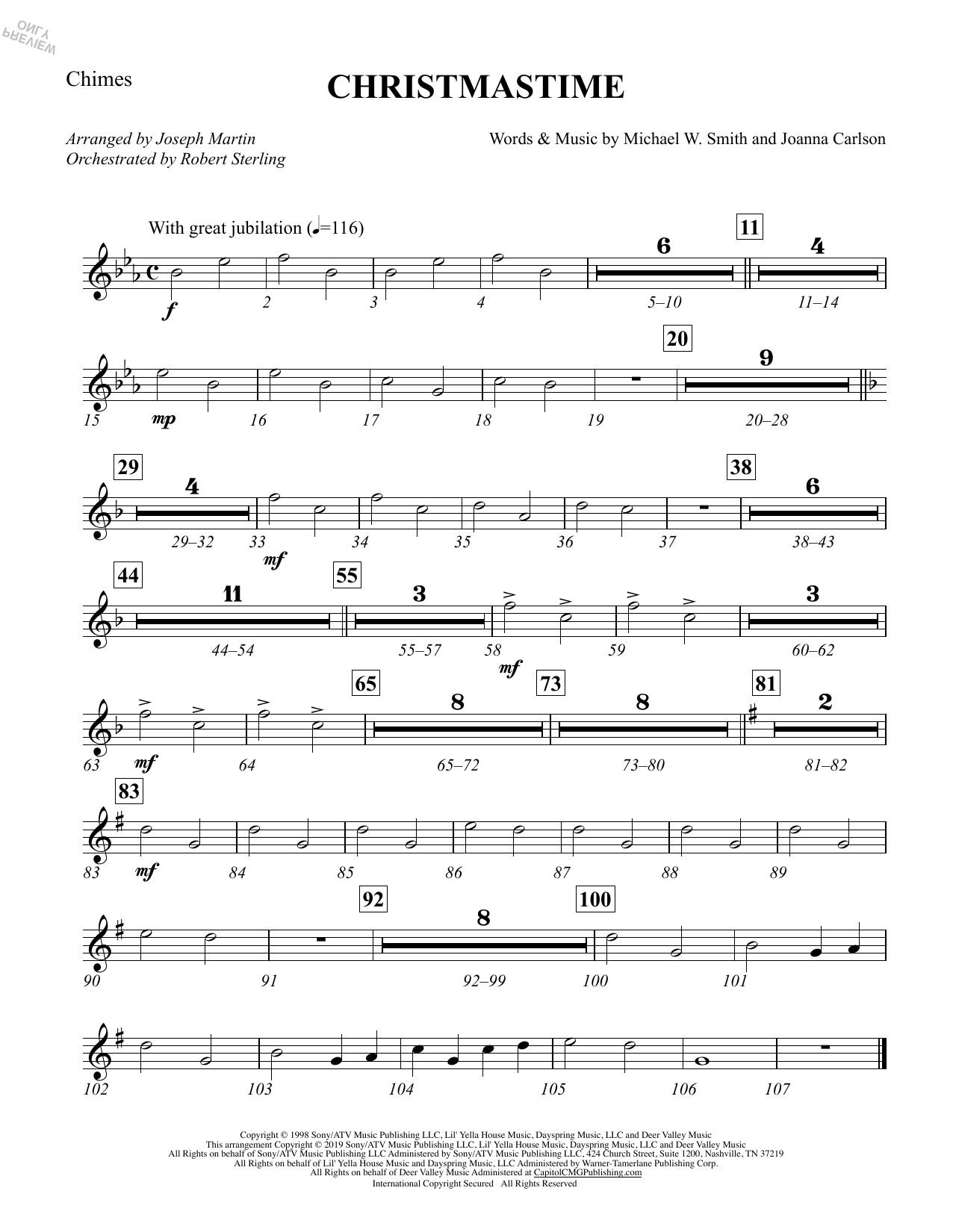 Michael W. Smith & Joanna Carlson Christmastime (arr. Joseph M. Martin) - Chimes Sheet Music Notes & Chords for Choir Instrumental Pak - Download or Print PDF